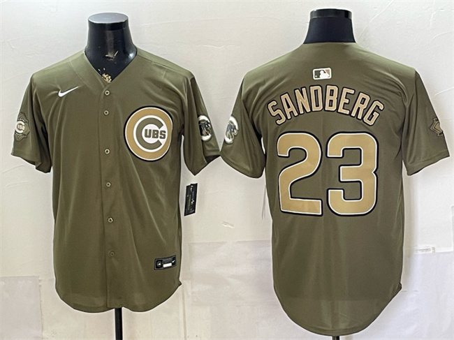 Men's Olive Chicago Cubs #23 Ryne Sandberg 2026 Armed Forces Day Stitched Baseball Jersey